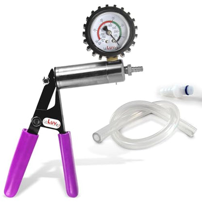 LeLuv Ultima Purple Vacuum Pump - Aluminum Alloy Silver Handle Manual Hand Vacuum (0-30 Hg, 0-760 mmHg), Gauge Installed with Protective Rubber Cover, Silicone Padded Grips with Clear Hose & Fitting - color: Silver + Purple Silicone