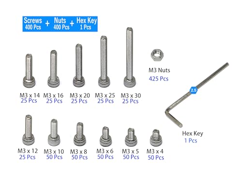iexcell 1050 Pcs M3 x 4/6/8/10/12/16/20/25/30 Stainless Steel 304 Hex Socket Head Cap Screws Bolts Assortment and Nuts Kit - size: M3 x 4/6/8/10/12/16/20/25/30mm