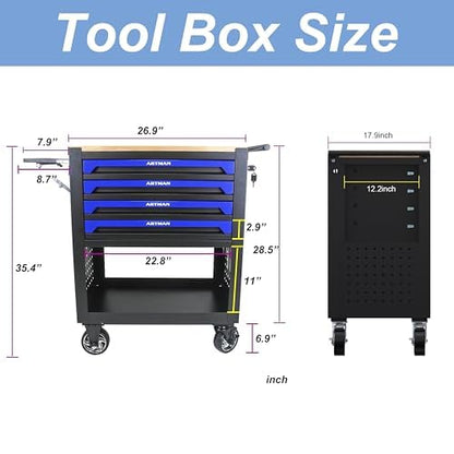 4 Drawers Rolling Tool Cart on Wheels, Wood Countertop Heavy Duty Tool Chest with Adjustable Shelf, Locking System, Rolling Tool Cabinet Trolley for Garage,Warehouses,Repair Shops (Blue) - color: Blue