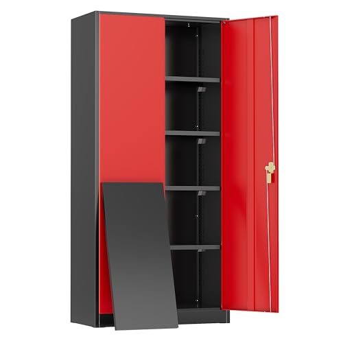 Greenvelly Metal Storage Cabinet, 72" Black Locking Metal Garage Storage Cabinet with Doors and 4 Adjustable Shelves, Lockable Steel Cabinet for Home Office, Garage, Shop, School (Red 36" W x 18" D) - color: Red, size: 72 Inch - 36W