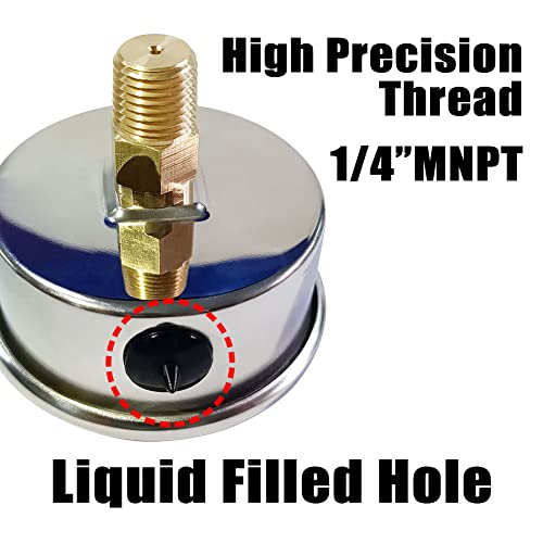 Pressure Gauge 1/4" NPT 0-100Psi Glycerin Filled 2 1/2 inch Dial 304 Stainless Steel Case Center Back Mount - size: 0-100Psi (liquid filled), style: Back Mount-1/4"NPT