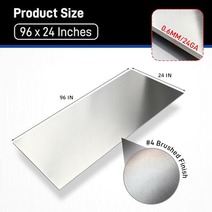 430 Stainless Steel Sheet Metal 96 x 24 Inches 24GA Metal Sheet Panel #4 Brushed Finish with Protective Film for Wall, Food Truck, Restaurant, Kitchen, Floor, Trailer, Garage, Crafting - size: 96 x 24 Inch