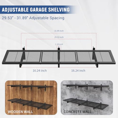 2 Pack Garage Wall Shelf, Heavy Duty Garage Shelving, 46"X 12.5" Wall Mounted Floating Shelves, Metal Hanging Storage Rack with 8 Hooks, Utility Organizer Max Load 320 LBS for Laundry Room, Workshop - size: B-2 PACK