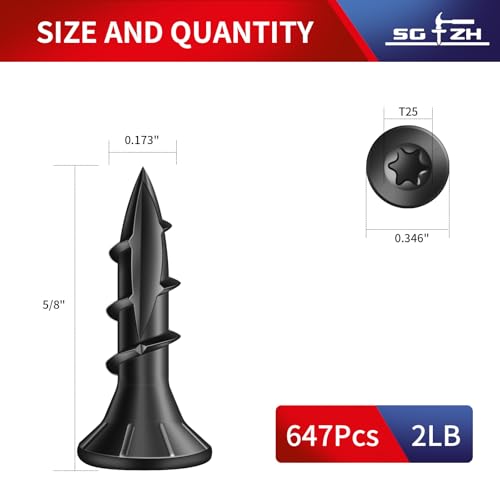 #8 x 5/8" Deck Screws (647Pcs) 2lb. Carbon Steel, Black, Flat Head, Rust Resistant epoxy Coated, with T25 Star Bit - color: Black, size: #8 x 5/8"