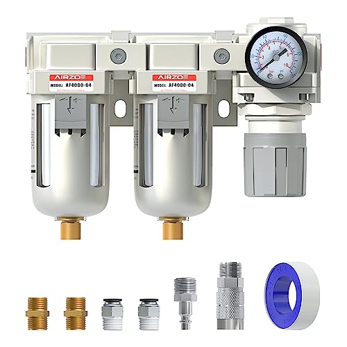 AIRZOE 1/2" NPT Air Dryer for Compressor-Air Compressor Water Separator AC4110-04,Double Air Compressor Filter,Air Pressure Regulator Combo,5 Micron Brass Element,Semi-Auto Drain,0-145 psi Gauge - size: 1/2"NPT