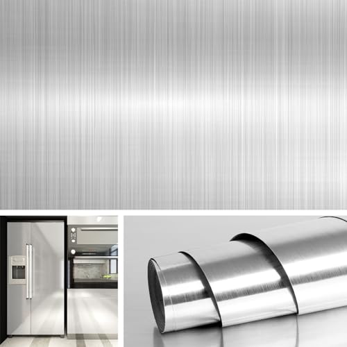 Livelynine 15.8x197 Silver Contact Paper Peel and Stick Stainless Steel Wrap for Appliances Adhesive Vinyl Kitchen Wallpaper Peel and Stick Countertop Covers Fridge Refrigerator Door Dishwasher Skins - size: 15.8" x 197"
