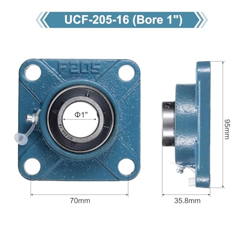 uxcell 2 Pcs UCF-205-16 Pillow Block Bearings 1 Inch Bore Self Alignment Chrome Steel Bearing Units, 4-Bolt Square Flange Mounted, Solid Base - size: UCF-205-16