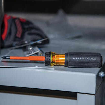 Klein Tools 32293 Insulated Screwdriver, 2-in-1 Screwdriver Set with Flip Blade, #2 Phillips and1/4-Inch Slotted Tips, Double-Ended Blades - size: #2 PH + 1/4 SL