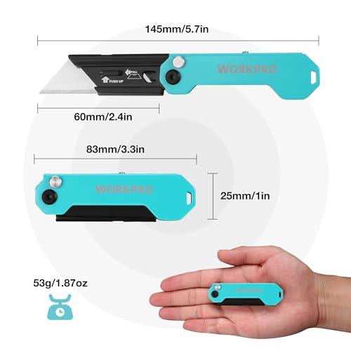 WORKPRO EDC Folding Utility Knife, Mini Box Cutter with Quick Open Axis Lock, Quick Change Blade Razor Knife, Foldable Small Pocket Knife with Belt Clip - color: Blue