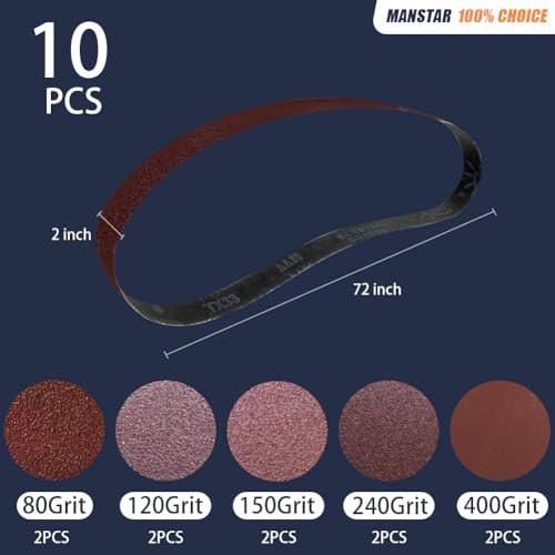 10 Pcs 2 x 72 Inch Assorted Aluminum Oxide Sanding Belt,80/120/150/240/400 Grit - size: 2x72(10pcs)