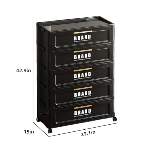 300QT Foldable Storage Cabinet with Doors and Locking Wheels, 5-Tier Heavy-Duty ABS Rolling Organizer, No-Tool Assembly for Pantry, Laundry Room, Dorm and Garage - color: Black