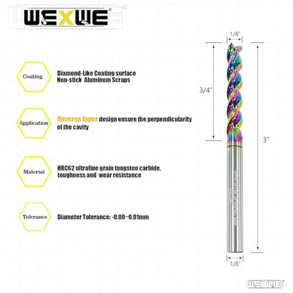Tools 1/8” Extra Long Carbide Square End Mill for Aluminum, Copper Alloy, Plastic, 3" Overall Length End Mill Bits, 3 Flute HRC 62 Deg DLC Coating, CNC Router Bits 1/8 Shank (1/8-3" 2PCS) - size: DLC EXXL 1/8-3" 2PC