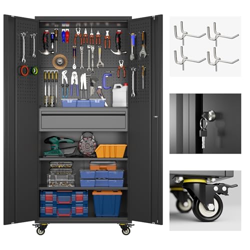 71"H Garage Storage Cabinet with Wheels, Drawer, Pegboard and 16 Hooks, Metal Storage Cabinet with Locking Doors and 2 Adjustable Shelves for Garage, Warehouse, Home, Black, Assembly Required - color: Black, size: 15"D x 30"W x 71"H