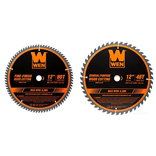 WEN BL1280 12-in 80-Tooth Fine-Finish Professional Woodworking Saw Blade for Miter Saws and Table Saws & BL1248 12-in 48-Tooth Carbide-Tipped Professional Woodworking Saw Blade
