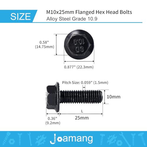 M10 x 25mm 10Pcs Flanged Hex Head Bolts, M10 x 1.5 Bolts, Flange Hexagon Head Screws, 10.9 Grade Alloy Steel, Black Oxide Finish, Metric Fully Thread - size: M10 x 25mm(10PCS)