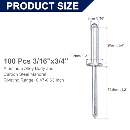 uxcell 100Pcs 3/16" x3/4" Aluminum Blind Rivets, Aluminum Grip and Steel Mandrel, Dome Head Long Split Rivets for Metal, Furniture, Automotive, Silver - size: 3/16"x3/4"