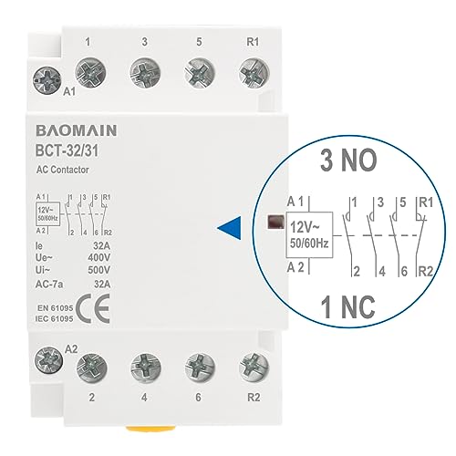 BAOMAIN 12V AC 4-Pole 32A Modular Contactor, 3NO1NC, DIN Rail Mount