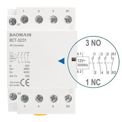 BAOMAIN 12V AC 4-Pole 32A Modular Contactor, 3NO1NC, DIN Rail Mount