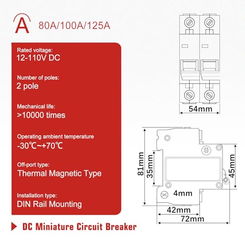 APIELE DC Miniature Circuit Breaker 12-110V 80Amp 2Pole Thermal Magnetic Trip DC Disconnect Switch DIN Rail Mount for Solar PV Systems