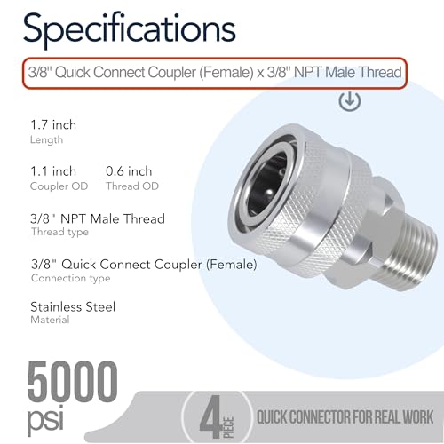 3/8 Inch Pressure Washer Quick Connect Fittings, Stainless Steel, 4-Piece - color: 4 Piece