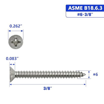 #6 x 3/8" Flat Head Sheet Metal Screws Phillips Drive Wood Screws, 304 Stainless Steel 18-8, Pack of 100 - color: Silver, size: #6 x 3/8"