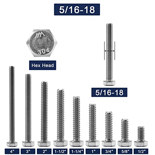 5/16-18 x 2" Hex Head Screw Bolt, 20Pcs 18-8 (304) Stainless Steel, Fully Threaded, Plain Finish, by SG TZH - size: 5/16-18 x 2"