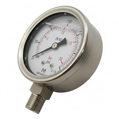 2.5" Glycerin-Filled Pressure Gauge, 0-300 PSI / 0-20 Bar, 1/4" NPT Lower Mount, 304 Stainless Steel Case/Wetted Parts, CL 1.6, Conforms to EN 837-1