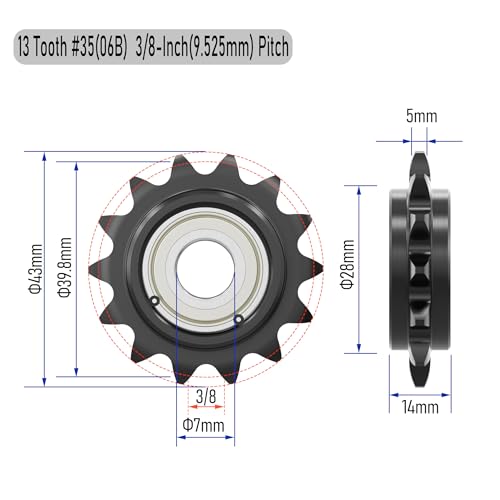 13 Tooth Roller Chain Sprocket, 43mm OD 8mm Bore 3/8" Pitch Chain Idler Sprocket, Single Bearing Black Oxide Finish C45 Carbon Steel for ISO 06B Chain - size: 7mm Bore 13 Tooth