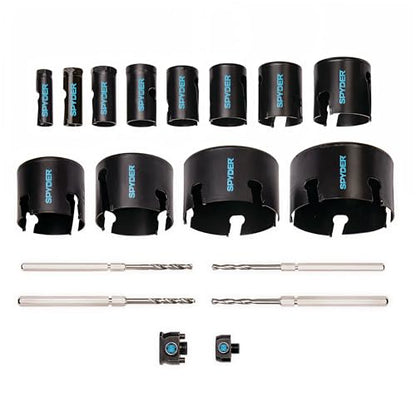 Spyder 18-Piece Tungsten Carbide Tipped Hole Saw Kit, 12 Hole Saws, 2 Arbors, 4 Pilot Bits, Rapid Core Eject - size: 18-Piece Set