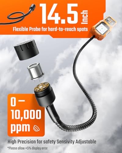 TopTes PT-830S Rechargeable Gas Leak Detector with 14.5 Inch Flexible Probe, Range 0-10000 ppm, TFT Color Display & 3 Types Alarm, Natural Gas Leak Detector for Propane, Methane for Home or Industrial