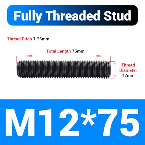 10pcs M12*75mm Fully Threaded Stud, Grade 10.9 Carbon Steel Black Oxide Finish Long Threaded Rod Bar for Furniture Industrial Maintenance Connection Fasteners - size: M12*75-10PCS