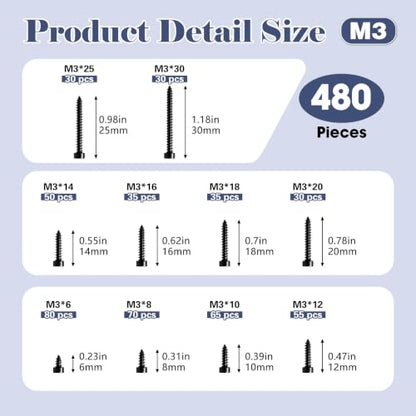 480Pcs M3 Black Metric Hex Socket Cap Head Self Tapping Screws for Plastic