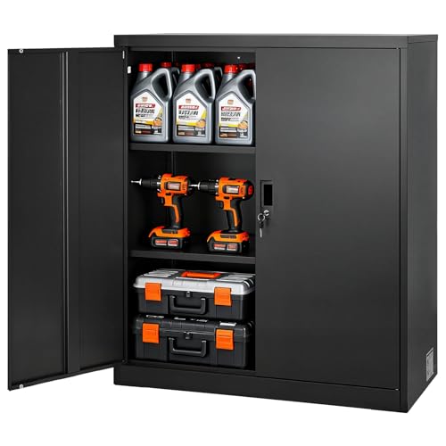 VEVOR Metal Storage Cabinet, 41.7 in Steel Garage Cabinet with 2 Adjustable Shelves, 2 Magnetic Doors & 2 Keys, 3 Tiers Lockable Tool Storage for Pantry, Warehouse, Basement, Office, Black - color: Black, size: 18"D x 36"W x 42"H