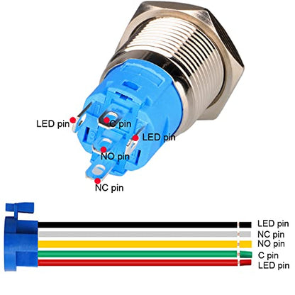 Gebildet 0.87''/22mm Stainless Steel Latching Push Button Switch SPDT 110V-220V/3A Power Symbol LED 1NO 1NC ON/Off Waterproof Toggle Switch with Wire Socket Plug (Red LED) - color: red /110-220V