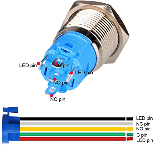 Gebildet 0.87''/22mm Stainless Steel Latching Push Button Switch SPDT 12V-24V/5A Power Symbol LED 1NO1NC ON/Off Waterproof Toggle Switch with Wire Socket Plug (Green LED) - color: green /12-24V