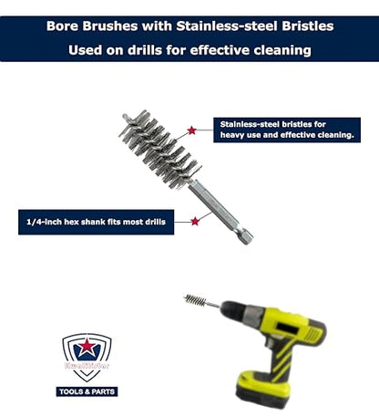 Stainless-Steel Bore Brush [8-Size Set] Wire Brush for Power Drill, Metal Cleaning Brushes, 1(1/8) to 1/4-inch Diameter in 1/8-in increments (or 29, 26, 22, 19, 16, 13, 10, 7 mm), (1/4-in Hex Shaft) - style: 1Set x 8Size (Stainless)