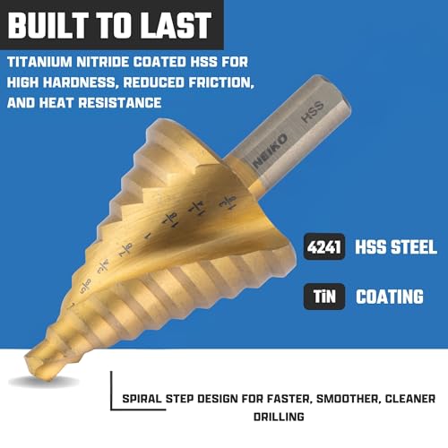 NEIKO 10612A Step Drill Bit, 10 Steps 1/4" to 1-3/8" Spiral High Speed Steel, Titanium Nitride Coated, 3/8" Tri Flat Step Bits for Steel, Metal, Wood, Plastic, Unibit Cone Drill Bits, Two Flute - size: #5 (1/4 - 1-3/8", 10S), style: Spiral