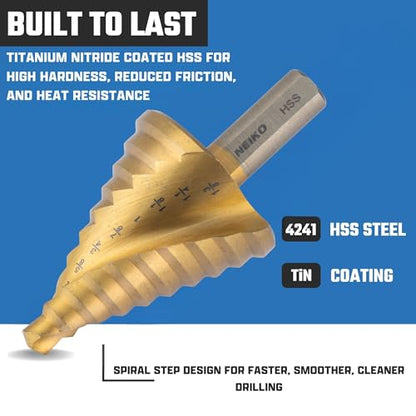 NEIKO 10612A Step Drill Bit, 10 Steps 1/4" to 1-3/8" Spiral High Speed Steel, Titanium Nitride Coated, 3/8" Tri Flat Step Bits for Steel, Metal, Wood, Plastic, Unibit Cone Drill Bits, Two Flute - size: #5 (1/4 - 1-3/8", 10S), style: Spiral