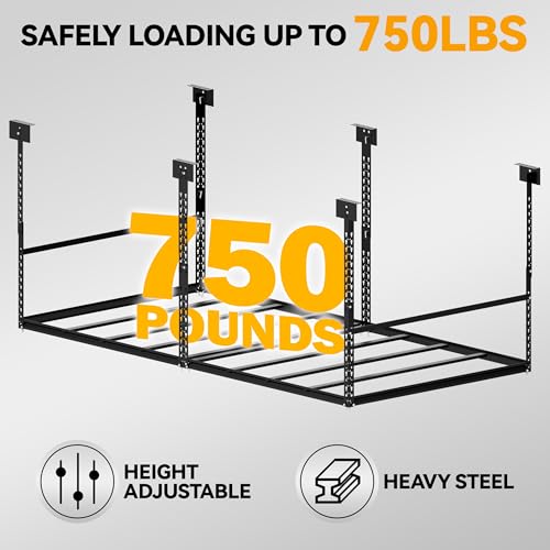 4x8 Ft Overhead Garage Storage Rack, 28-41 inch Height Adjustable Ceiling Mounted Organization Rack, 750 lbs Weight Capacity, 48"x96" Metal Rack for Garage Storage with Hanging Rods - size: 4x8ft w/ 8 Support Bars