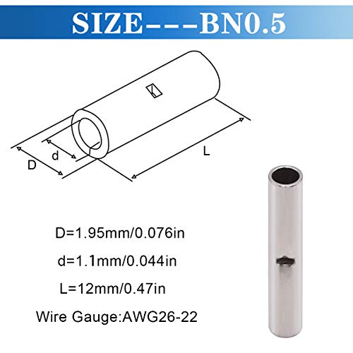 Tnisesm 120 Pcs 26-22 AWG Gauge Non Insulated Butt Connectors, Butt Splice Wire Connectors, Electrical Wire Seamless Uninsulated Butt Connectors Crimp Ferrule Terminals BN0.5 - size: 26-22 AWG