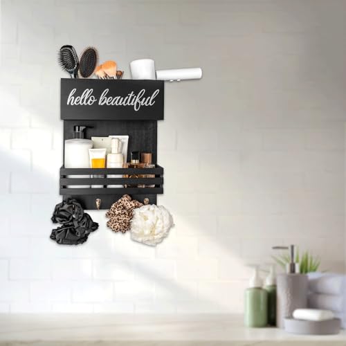 2Tier Black Wooden Hair Dryer Holder Wall-Mounted Organizer - color: black