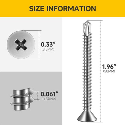 Mywish (100Pcs) #10 x 2 Self Tapping Screws, Flat Phillips Head Sheet Metal Screws, Tek Self Drilling Mouting Screw for Metal Plastic Wood, Fast Tapping, 410 Stainless Steel - size: #10 x 2"