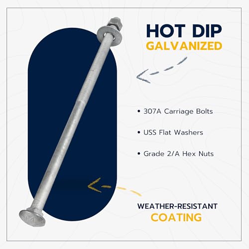 1/2" x 12" (25 Pack) Galvanized Carriage Bolt Kit Grade 307A Includes 1/2" USS Flat Washers (25 pcs) and 1/2"-13 Hex Nuts (25 pcs), Hot Dip Galvanized for Exterior Use by Makers Bolt - size: 1/2 x 12