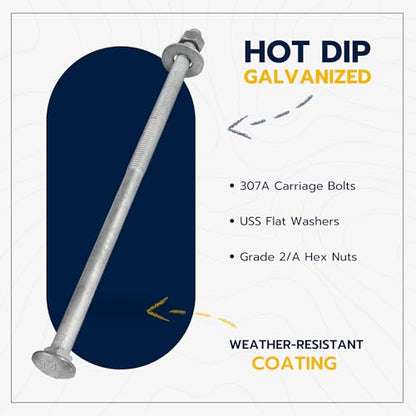 1/2" x 12" (25 Pack) Galvanized Carriage Bolt Kit Grade 307A Includes 1/2" USS Flat Washers (25 pcs) and 1/2"-13 Hex Nuts (25 pcs), Hot Dip Galvanized for Exterior Use by Makers Bolt - size: 1/2 x 12