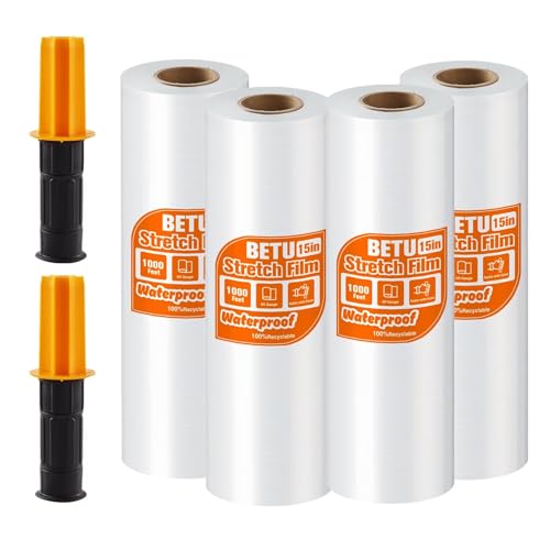 Clear Stretch Film Shrink Wrap for Moving Supplies (15inch, 4 Pack) x 1000ft, Industrial Strength Plastic Wrap Stretch Roll for Pallet Wrapping Shipping Moving Boxes Storage Furniture with Handles - color: Clear, size: 15'' | 4 Pack