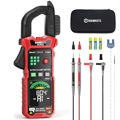 KAIWEETS Smart Digital Clamp Meter, 2026 AI Auto Ranging Multimeter with D-Shaped Jaw, NCV, Inrush, Automatic Measure AC DC Voltage/Current, Continuity, Temperature, Resistance, Capacitance, Diode