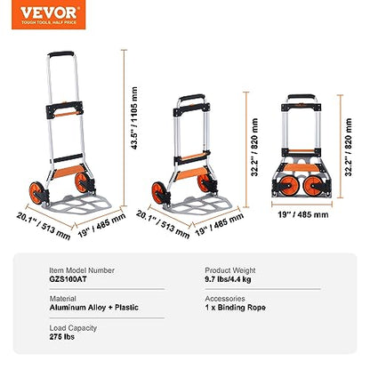 VEVOR Folding Hand Truck and Dolly, 275 Lbs Capacity, Aluminum Foldable Cart, Heavy-Duty Luggage Trolley Cart with Telescoping Handle and PP+TPR Wheels for Home, Office, Shopping, Travel - size: 275 lbs