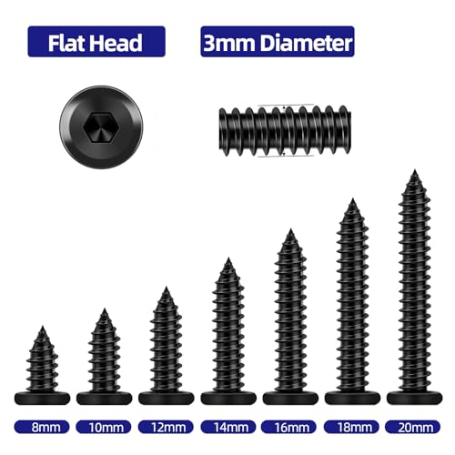 100-Piece M3 x 10mm Black Self-Tapping Screws - 304 Stainless Steel Flat Head Hex Socket Cap Screws with Drive Bit, for Wood and Thin Metal - color: Black, size: M3 x 10mm