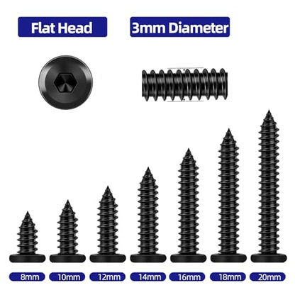 100-Piece M3 x 10mm Black Self-Tapping Screws - 304 Stainless Steel Flat Head Hex Socket Cap Screws with Drive Bit, for Wood and Thin Metal - color: Black, size: M3 x 10mm