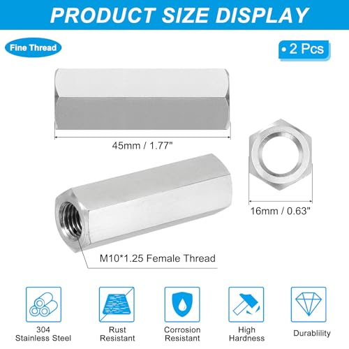 PATIKIL M10x1.25 Pitch 304 Stainless Steel Hex Coupling Nuts, 2 Pcs 45mm / 1.77" Length Fully Threaded Rod Coupling Nut Studding Connector Fasteners, Silver Tone - size: M10-1.25 x 45mm